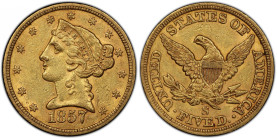 1857-S Liberty Head Half Eagle. Large S. AU-53 (PCGS).
Originally preserved in deep honey and more vivid reddish-rose, this smooth and attractive exa...