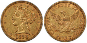 1858 Liberty Head Half Eagle. AU-50 (PCGS).
Original deep honey-rose surfaces are lustrous with most design elements boldly rendered. One of only 15,...