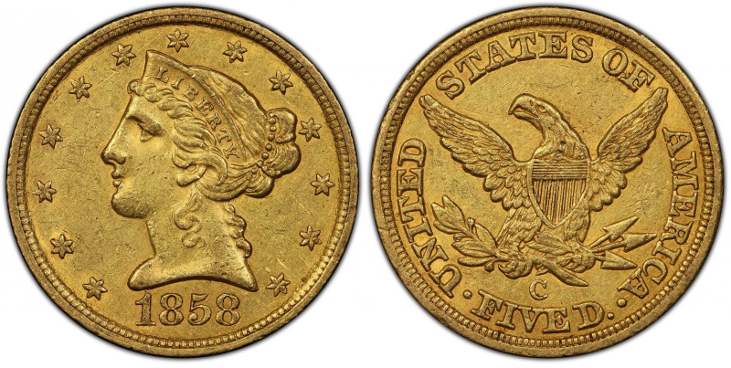 1858-C Liberty Head Half Eagle. Winter-1. AU-55 (PCGS). CAC.
Here is a handsome...