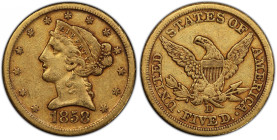 1858-D Liberty Head Half Eagle. Winter 43-II. EF-40 (PCGS). CAC.
Deeply patinated honey-rose surfaces exhibit an attractively original appearance. Fa...