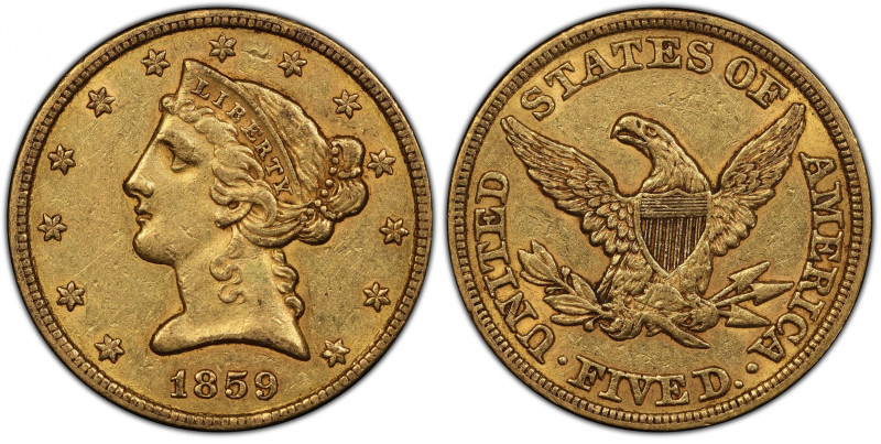 1859 Liberty Head Half Eagle. AU-53 (PCGS).
Blended deep honey and pinkish-rose...