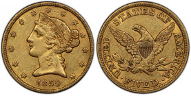 1859 Liberty Head Half Eagle. AU-53 (PCGS).
Blended deep honey and pinkish-rose colors provide attractive originality for both sides. Well struck for...
