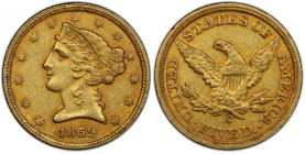 1859-C Liberty Head Half Eagle. Winter-1, the only known dies. Die State I. AU-55+ (PCGS). CAC.
A handsome and originally preserved half eagle with s...