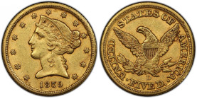 1859-D Liberty Head Half Eagle. Winter 44-HH. Medium D. AU-58 (PCGS). CAC.
Tinges of pale pink blend with dominant honey-gold color on both sides of ...