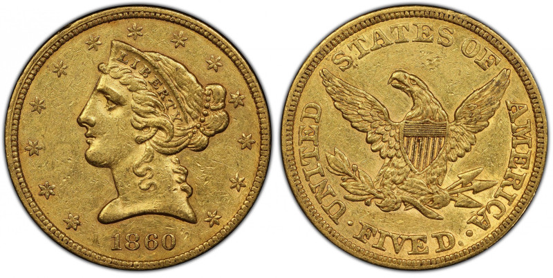 1860 Liberty Head Half Eagle. AU-53 (PCGS).
Modest semi-reflectivity in the fie...