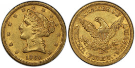 1860-D Liberty Head Half Eagle. Winter 46-GG. Medium D. AU-55+ (PCGS). CAC.
A thoroughly PQ Choice AU 1860-D half eagle. Blended light olive and warm...