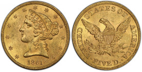 1861 Liberty Head Half Eagle. MS-62+ (PCGS). CAC.
A perennially popular type issue from the No Motto portion of the Liberty Head half eagle series, t...
