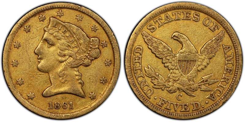 1861-C Liberty Head Half Eagle. Winter-1, the only known dies. Die State II. VF-...