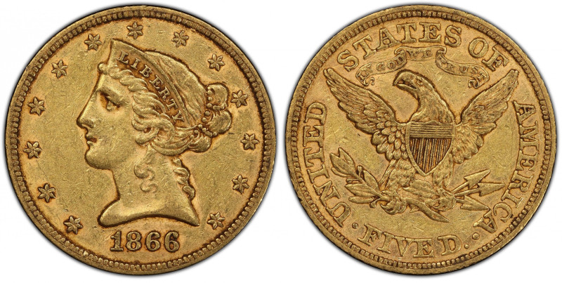 1866 Liberty Head Half Eagle. AU-53 (PCGS). CAC.
Warm pinkish-rose iridescence ...