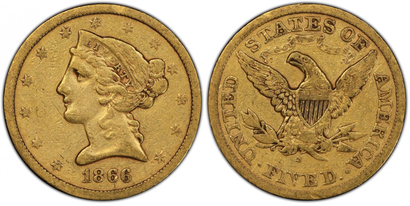 1866-S Liberty Head Half Eagle. Motto. VF-30 (PCGS). CAC.
Attractively original...