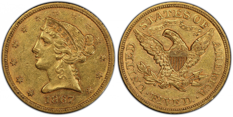 1867 Liberty Head Half Eagle. AU-55 (PCGS).
The offered 1867 half eagle is a ra...