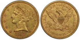 1867 Liberty Head Half Eagle. AU-55 (PCGS).
The offered 1867 half eagle is a rarity from the early Motto Liberty Head half eagle series. Sharply defi...