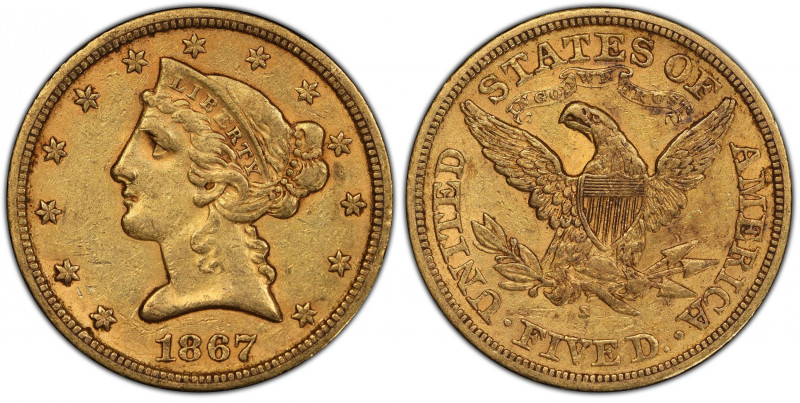 1867-S Liberty Head Half Eagle. AU Details--Wheel Mark (PCGS).
Vivid rose-gold ...