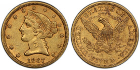 1867-S Liberty Head Half Eagle. AU Details--Wheel Mark (PCGS).
Vivid rose-gold overtones enliven a base of deep honey color. This is a fully original...