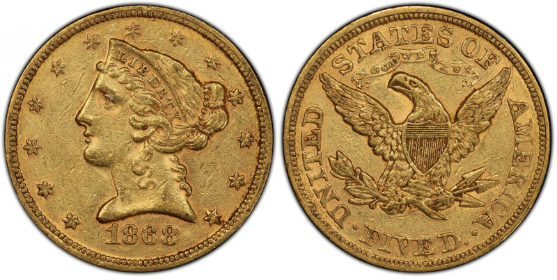 1868 Liberty Head Half Eagle. AU-50 (PCGS).
This is a delightful example of a h...