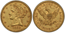 1868 Liberty Head Half Eagle. AU-50 (PCGS).
This is a delightful example of a highly elusive Philadelphia Mint half eagle. Both sides display deep ho...