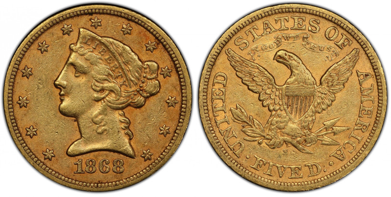 1868-S Liberty Head Half Eagle. EF-45 (PCGS). CAC.
Vivid rose-orange and deep h...