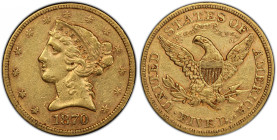 1870 Liberty Head Half Eagle. EF-45 (PCGS).
Vivid honey-rose color blankets both sides of this richly original example. Boldly if not sharply struck ...