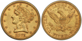 1871 Liberty Head Half Eagle. AU-53 (PCGS). CAC.
Deep, rich, rose-honey color blankets both sides of this original example. Plenty of frosty to modes...