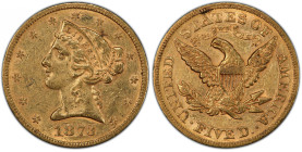 1873 Liberty Head Half Eagle. Open 3. AU-55 (PCGS).
A scarce and lovely Choice AU example of this underrated condition rarity among 1870s half eagle ...