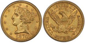 1874-CC Liberty Head Half Eagle. Winter 2-C. AU-50 (PCGS). Gold CAC.
Plenty of sharp striking detail remains and the surfaces have pleasing color in ...