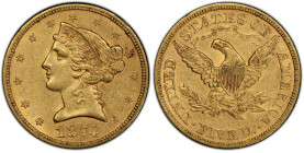 1874-S Liberty Head Half Eagle. AU-53 (PCGS).
A very well defined, vivid reddish-rose and deep honey example of a gold half eagle that is seldom offe...