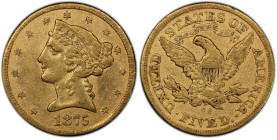 1875-CC Liberty Head Half Eagle. Winter 2-B. VF Details--Damage (PCGS).
Light pinkish-rose highlights enliven otherwise deep honey-gold surfaces on b...