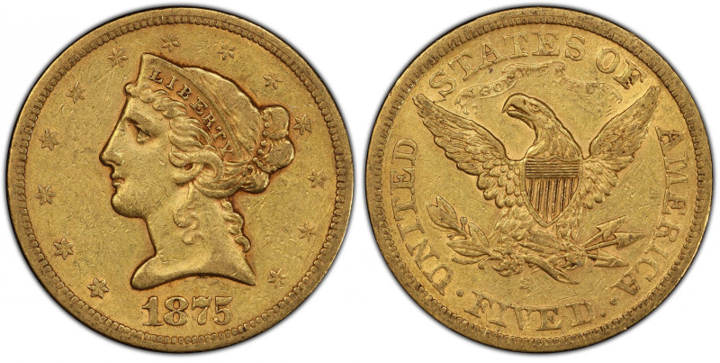 1875-S Liberty Head Half Eagle. EF-45 (PCGS). CAC.
A pleasant deep honey-rose e...