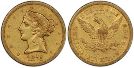 1875-S Liberty Head Half Eagle. EF-45 (PCGS). CAC.
A pleasant deep honey-rose example with particularly sharp detail remaining throughout the design ...