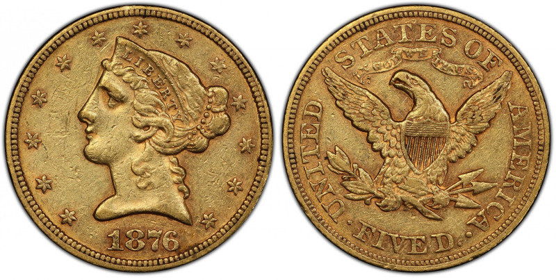 1876 Liberty Head Half Eagle. AU-53 (PCGS).
The 1876 is a highly elusive Philad...