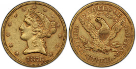 1876 Liberty Head Half Eagle. AU-53 (PCGS).
The 1876 is a highly elusive Philadelphia Mint Liberty Head half eagle, offered here in a particularly de...