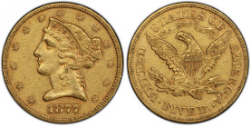 1877 Liberty Head Half Eagle. AU-50 (PCGS).
Here is a significant 1877 half eagle, an issue that is highly elusive at all levels of preservation. Muc...