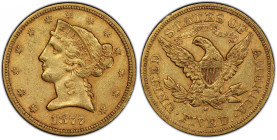1877-S Liberty Head Half Eagle. AU-53 (PCGS).
Rich honey-gold color with a tinge of warm rose reflects the originality of this handsome piece. Nearly...