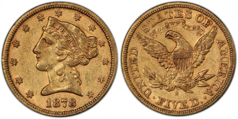 1878-S Liberty Head Half Eagle. AU-50 (PCGS).
A frosty and generally boldly def...