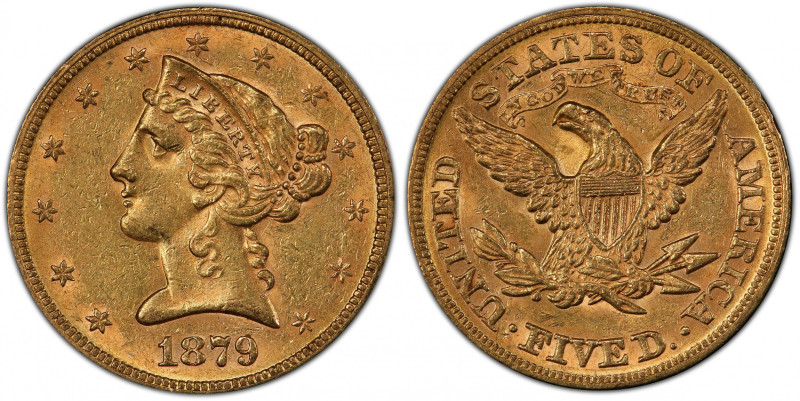 1879 Liberty Head Half Eagle. AU-58 (PCGS). CAC.
Vivid deep honey-orange and wa...