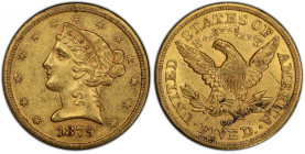 1879-CC Liberty Head Half Eagle. Winter 1-A. AU-58 (PCGS).
An exceptionally well preserved, nearly Mint State 1879-CC half eagle that ranks among the...