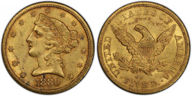 1880-CC Liberty Head Half Eagle. Winter 2-C. AU-55+ (PCGS). CAC.
Just a whisper away from Mint State, this premium quality example is near-fully lust...