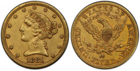 1881-CC Liberty Head Half Eagle. Winter 1-A, the only known dies. AU-50 (PCGS). CAC.
This gorgeous deep honey-gold example exhibits warm rose highlig...