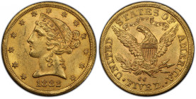 1882-CC Liberty Head Half Eagle. Winter 1-A, the only known dies. MS-62+ (PCGS). CAC.
Drenched in richly original honey-rose color, this exquisite Mi...