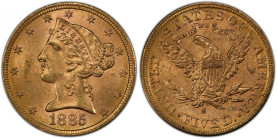 1885-S Liberty Head Half Eagle. MS-63 (PCGS). CAC.
A lovely example with vivid deep rose-gold color to both sides. Satin to softly frosted in texture...
