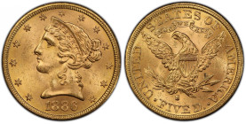 1886-S Liberty Head Half Eagle. MS-64+ (PCGS). CAC.
Here is an above average survivor of this high mintage (3,268,000 pieces) issue. It is a notewort...