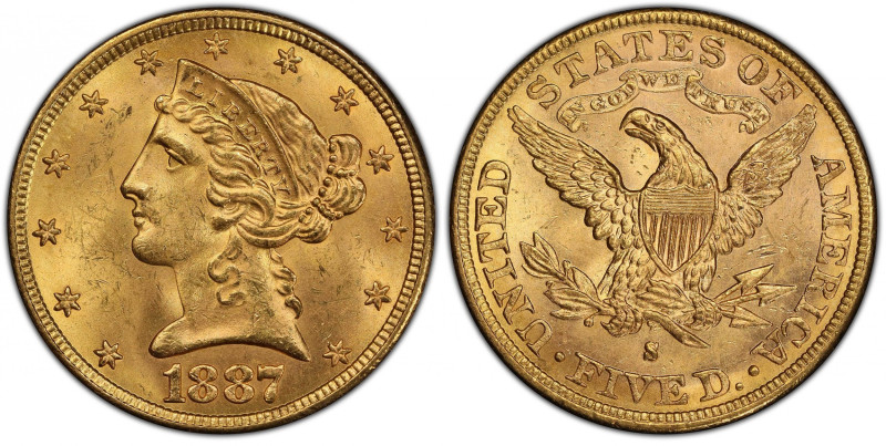 1887-S Liberty Head Half Eagle. MS-64+ (PCGS). CAC.
Pretty golden-apricot color...