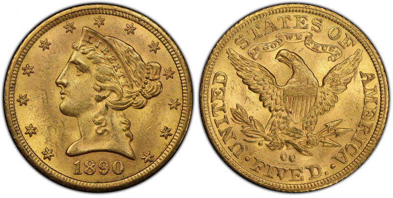 1890-CC Liberty Head Half Eagle. Winter 1-A, the only known dies. MS-63+ (PCGS)....