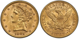 1891 Liberty Head Half Eagle. MS-64+ (PCGS). CAC.
Luxurious frosty luster blends with vivid rose-gold color on both sides of this outstanding near-Ge...