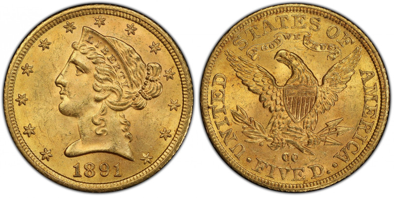 1891-CC Liberty Head Half Eagle. Winter 1-A. MS-63+ (PCGS). CAC.
A beautiful ex...