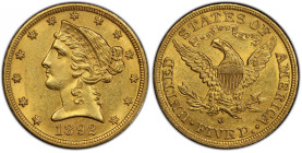 1892-O Liberty Head Half Eagle. Winter-1, the only known dies. MS-62 (PCGS). CAC.
Frosty olive-gold and pale rose surfaces are originally preserved a...