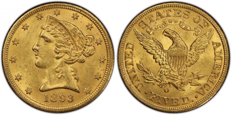 1893-O Liberty Head Half Eagle. Winter-2. MS-63+ (PCGS). CAC.
A delightful half...