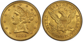 1893-O Liberty Head Half Eagle. Winter-2. MS-63+ (PCGS). CAC.
A delightful half eagle with frosty golden-apricot surfaces on both sides. Well struck ...