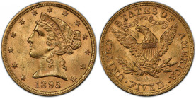 1895 Liberty Head Half Eagle. MS-63 (PCGS).
A beautiful coin drenched in vivid deep golden-apricot color and lovely mint luster. This superior 1895 i...