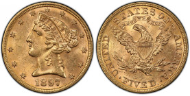 1897 Liberty Head Half Eagle. MS-63 (PCGS). CAC.
Fully original in bright rose-gold color, the surfaces are satiny and support smartly impressed desi...